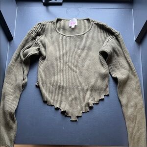 Olive Green Ribbed Sweater with Scalloped Hem